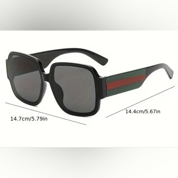 Italian Designer Red/Green Stripe Big Black Oversized Sunglasses Women's Men's - Picture 3 of 4